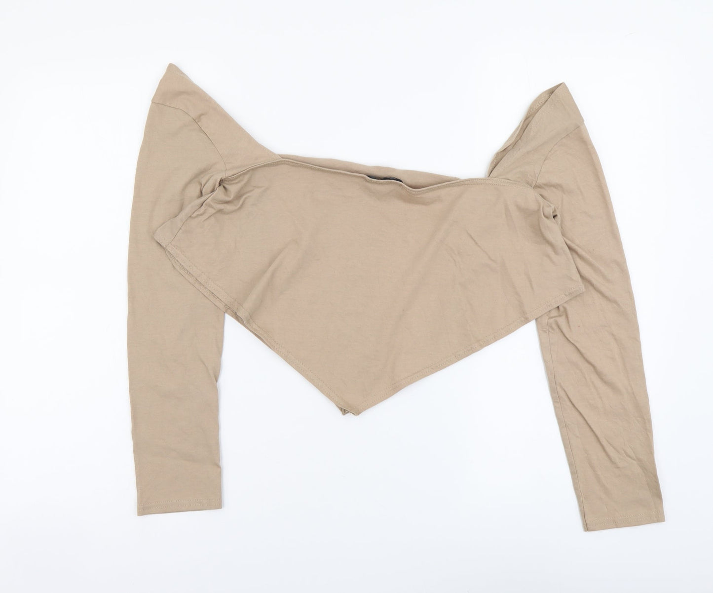 PRETTYLITTLETHING Womens Beige Cotton Cropped Blouse Size 12 Scoop Neck