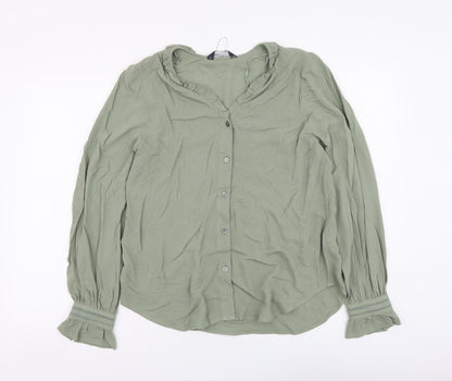 Marks & Spencer Womens Green Viscose Basic Button-Up Size 8 V-Neck