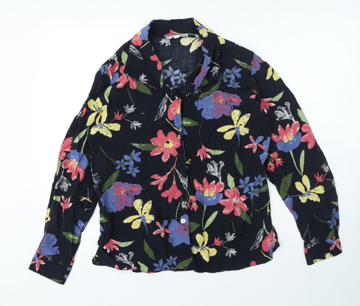 Ninoretti Womens Black Floral Viscose Basic Button-Up Size 12 Collared