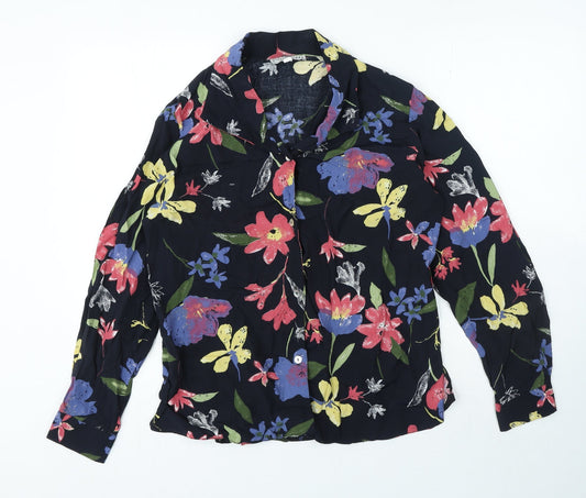 Ninoretti Womens Black Floral Viscose Basic Button-Up Size 12 Collared