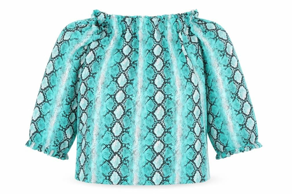 Dorothy Perkins Womens Blue Animal Print Polyester Basic Blouse Size 8 Off the Shoulder - Snake Pattern