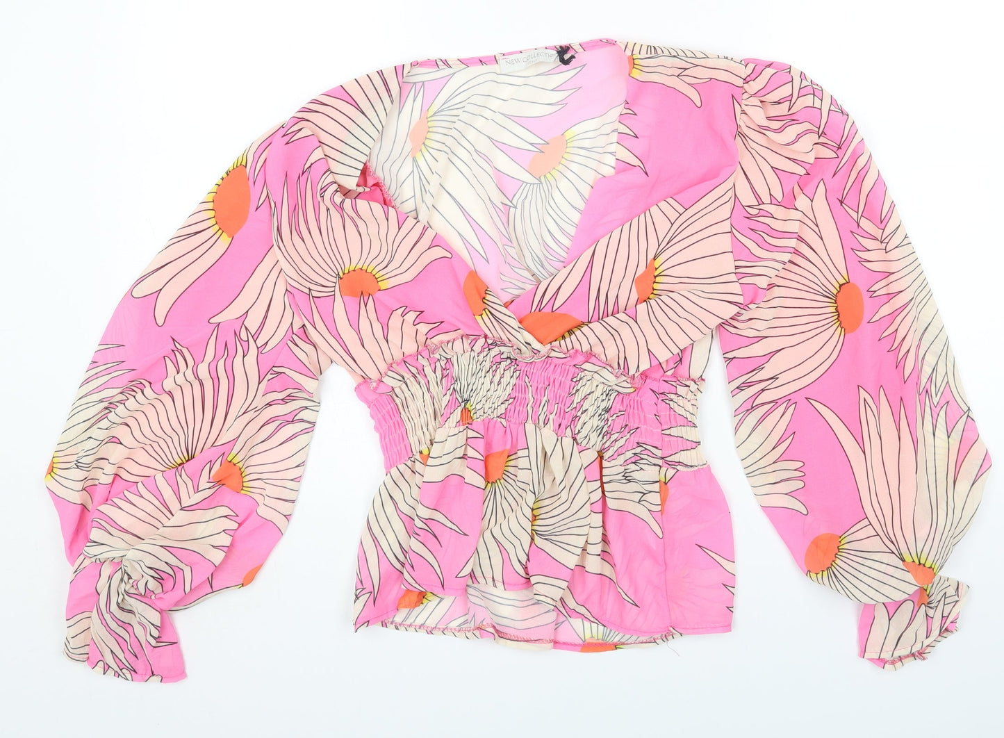 New Collection Womens Pink Floral Polyester Basic Blouse Size 8 V-Neck