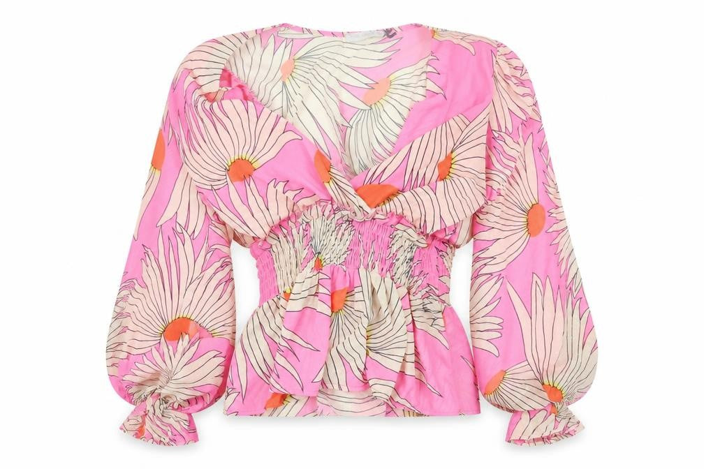 New Collection Womens Pink Floral Polyester Basic Blouse Size 8 V-Neck