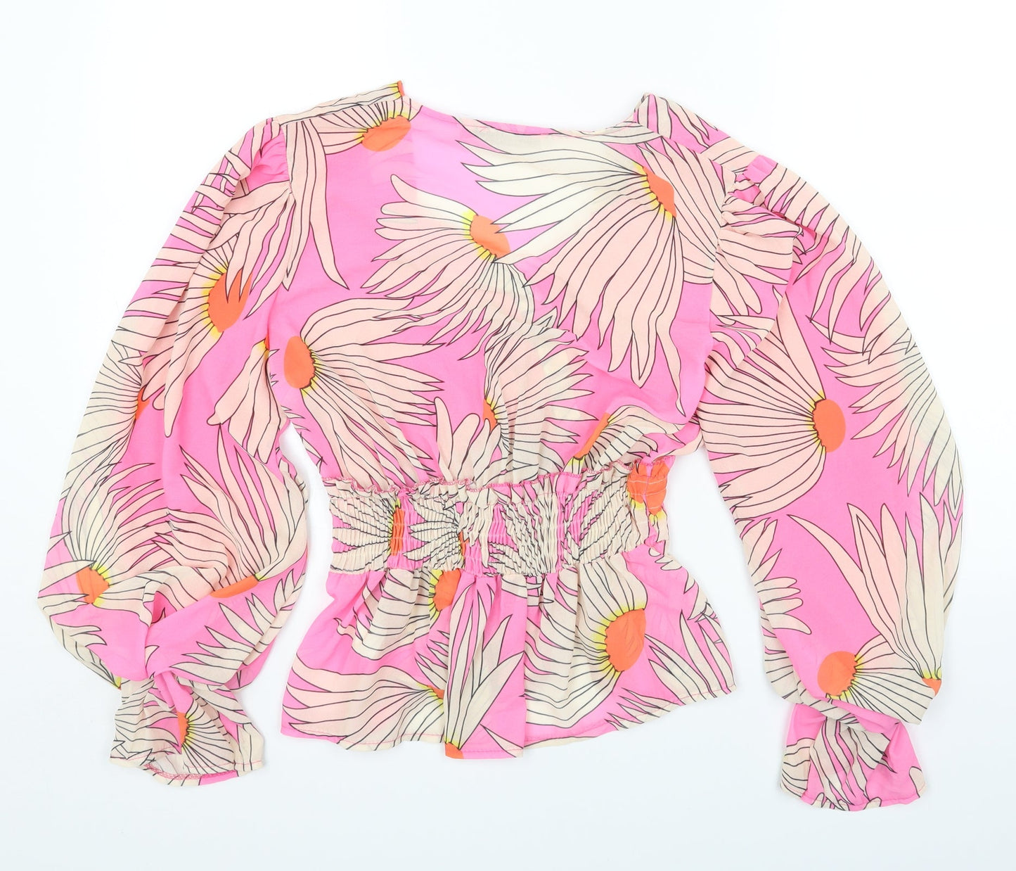 New Collection Womens Pink Floral Polyester Basic Blouse Size 8 V-Neck