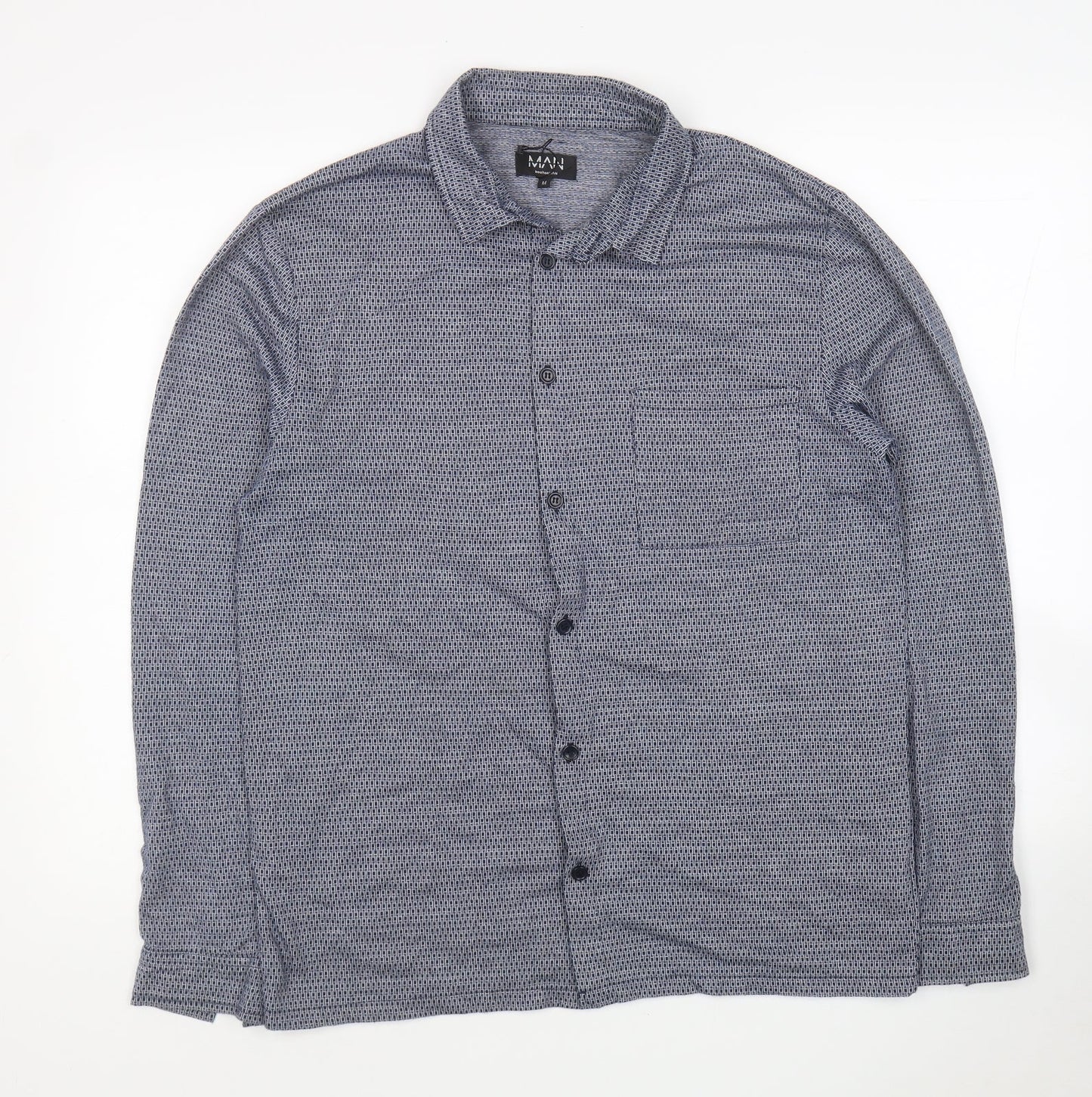 Boohoo Man Mens Blue Geometric Polyester Button-Up Size M Collared Button