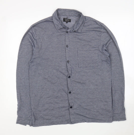 Boohoo Man Mens Blue Geometric Polyester Button-Up Size M Collared Button