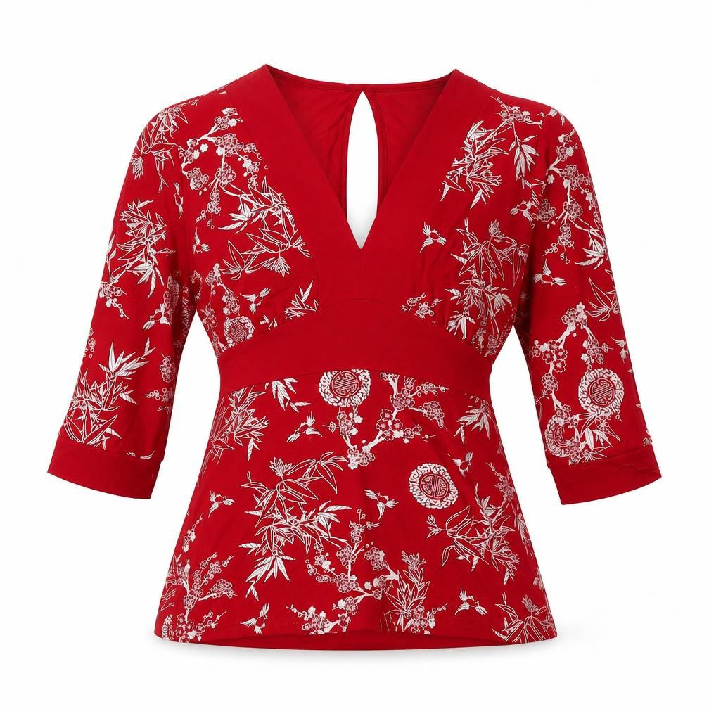 Zuppe Womens Red Floral Viscose Basic Blouse Size 10 V-Neck