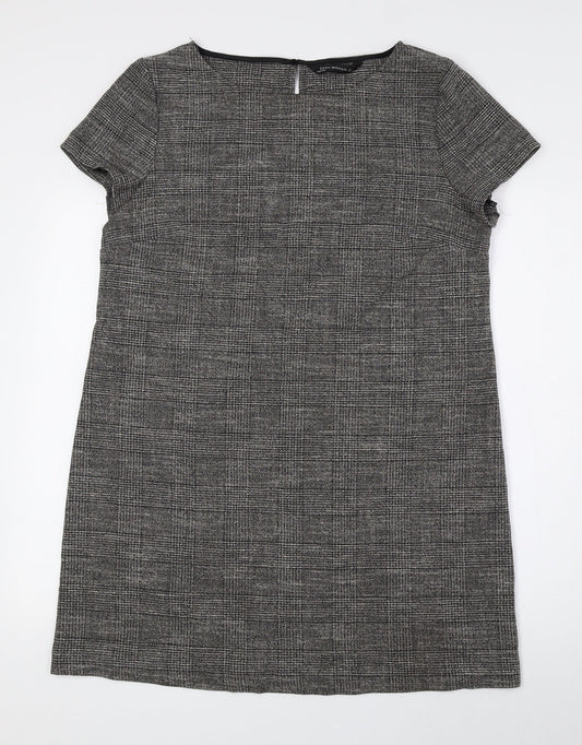 Zara Womens Grey Plaid Viscose Shift Size L Boat Neck Button