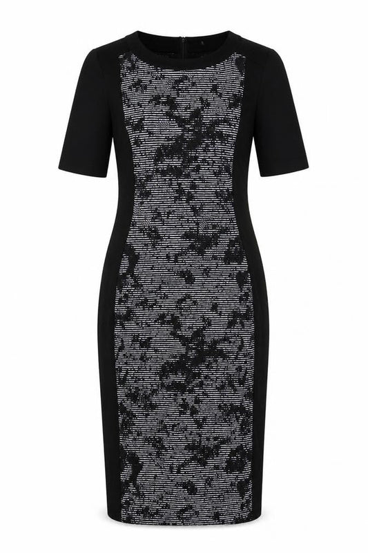 F&F Womens Black Geometric Polyester Pencil Dress Size 10 Round Neck Zip