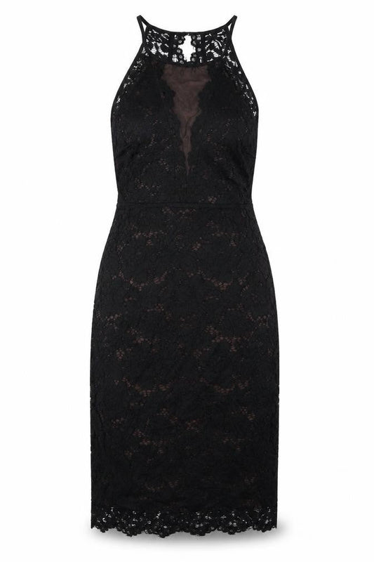 New Look Womens Black Nylon Tank Dress Size 8 Halter Button - Lace Detail