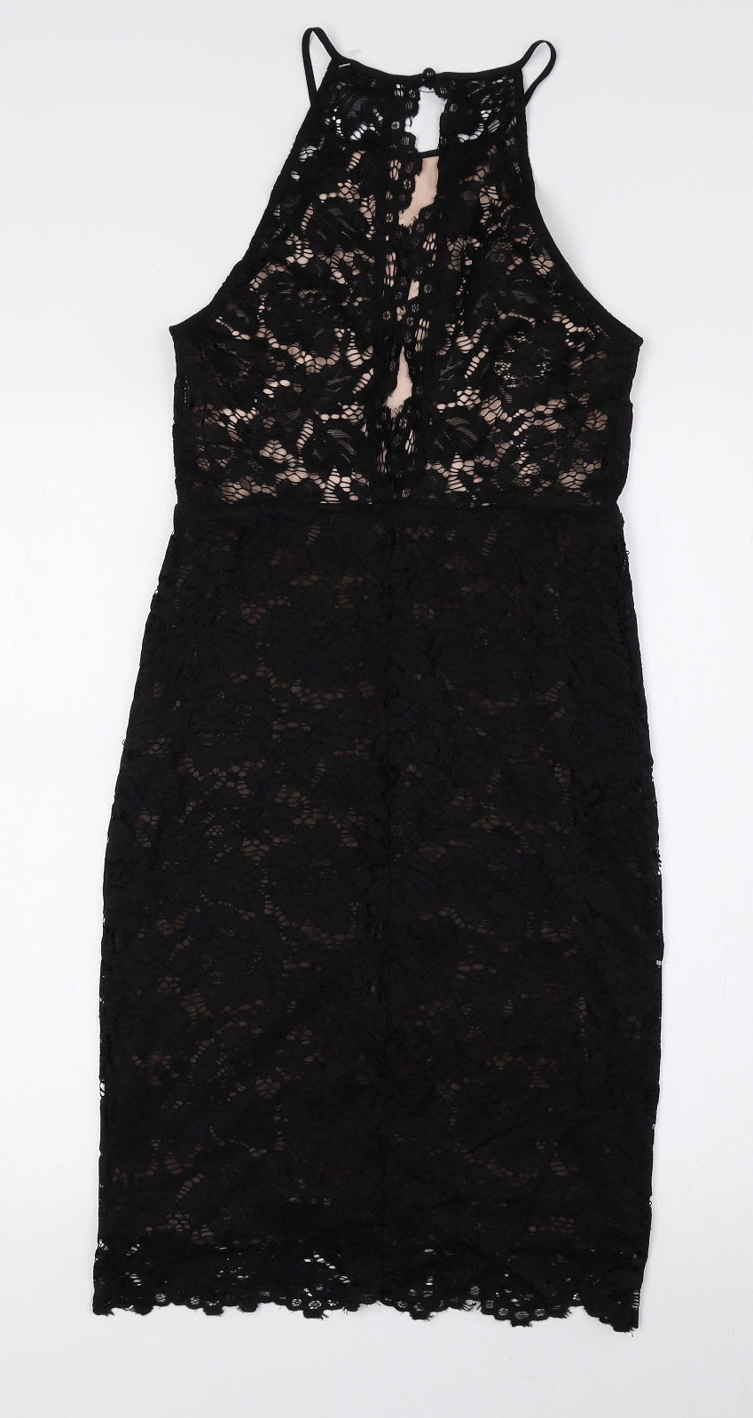 New Look Womens Black Nylon Tank Dress Size 8 Halter Button - Lace Detail
