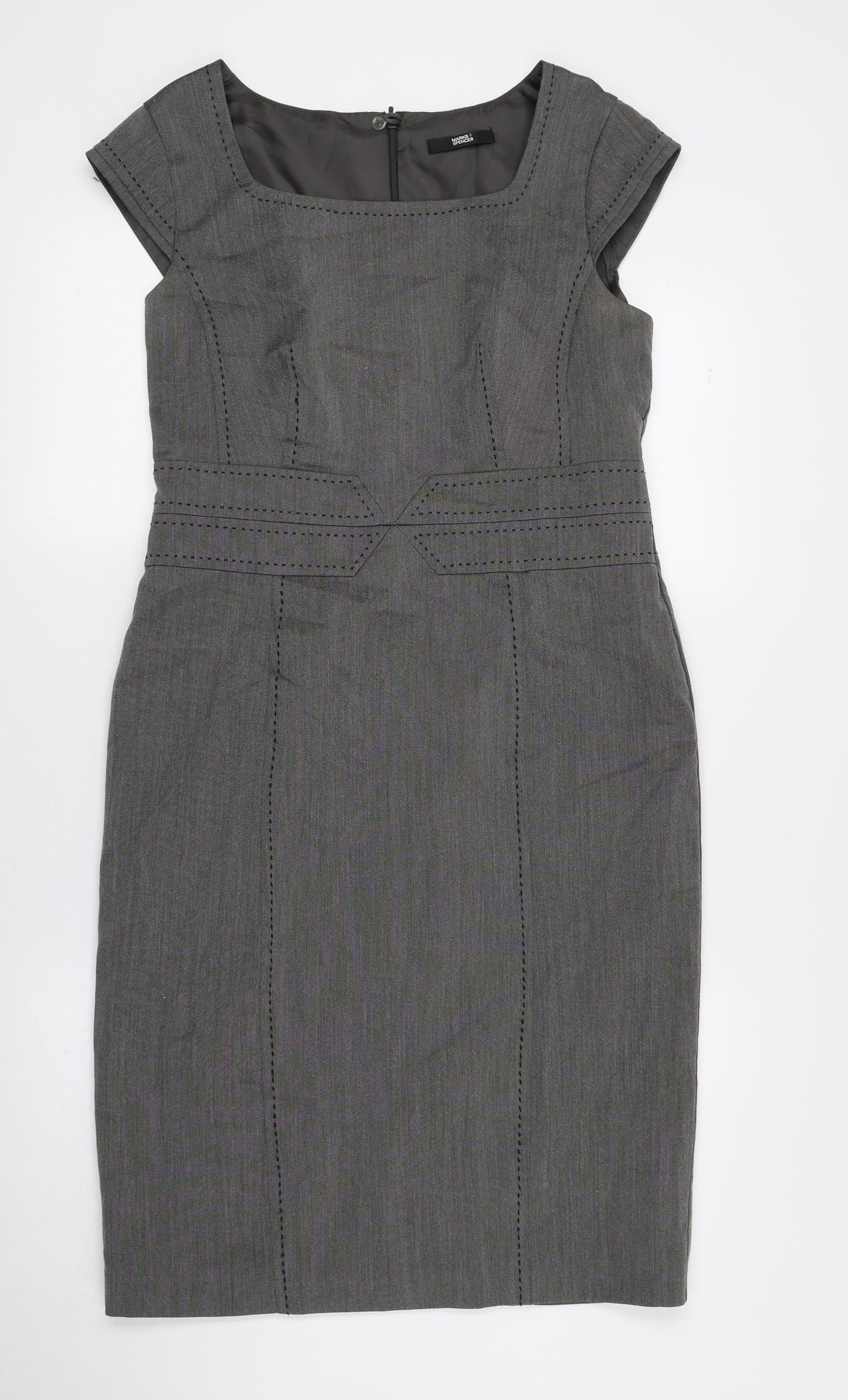 Marks and Spencer Womens Grey Polyester Pencil Dress Size 12 Square Neck Zip - Slit