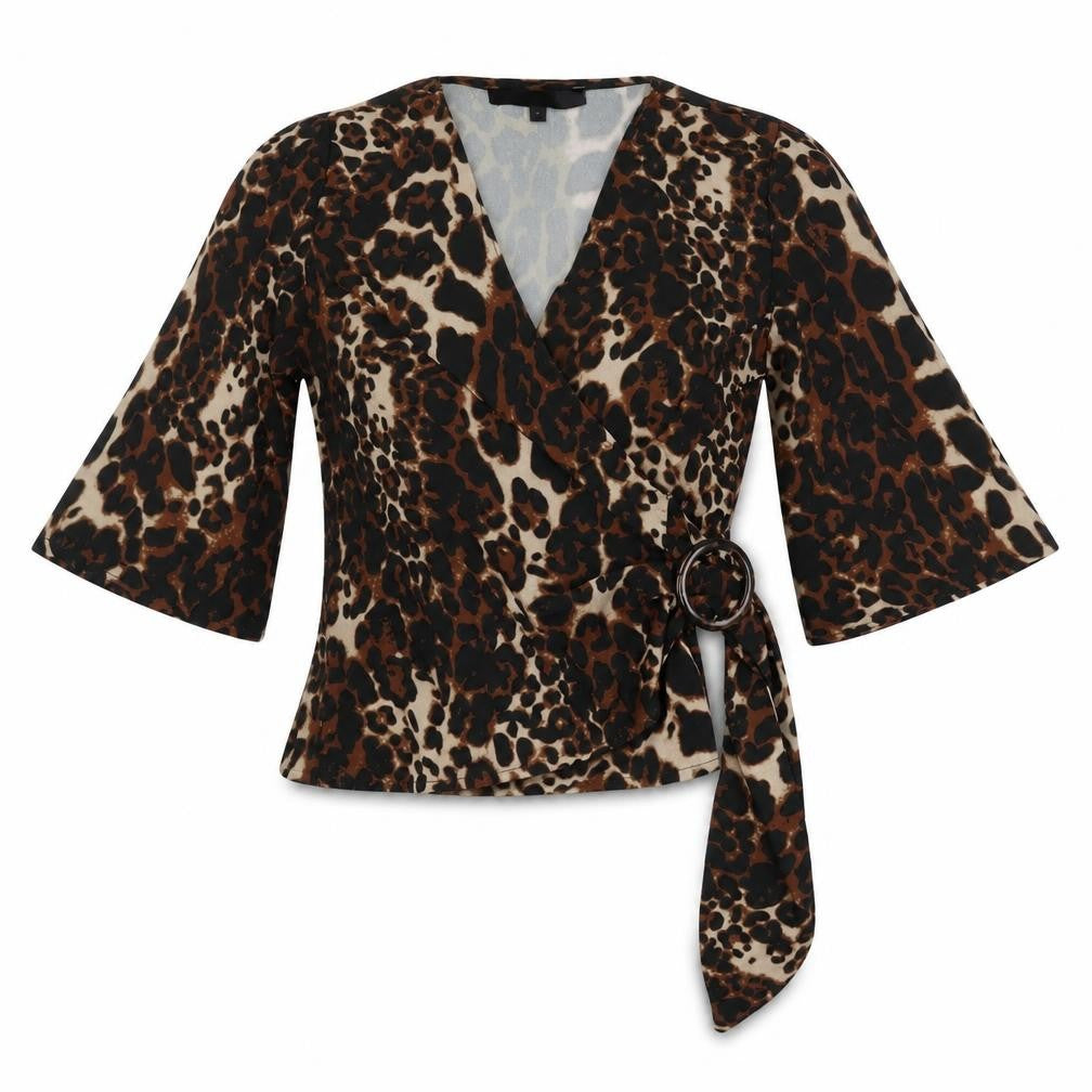 NEXT Womens Brown Animal Print Polyester Basic Blouse Size 8 V-Neck