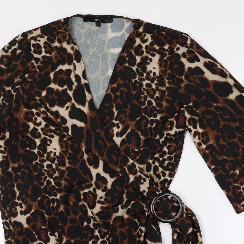 NEXT Womens Brown Animal Print Polyester Basic Blouse Size 8 V-Neck