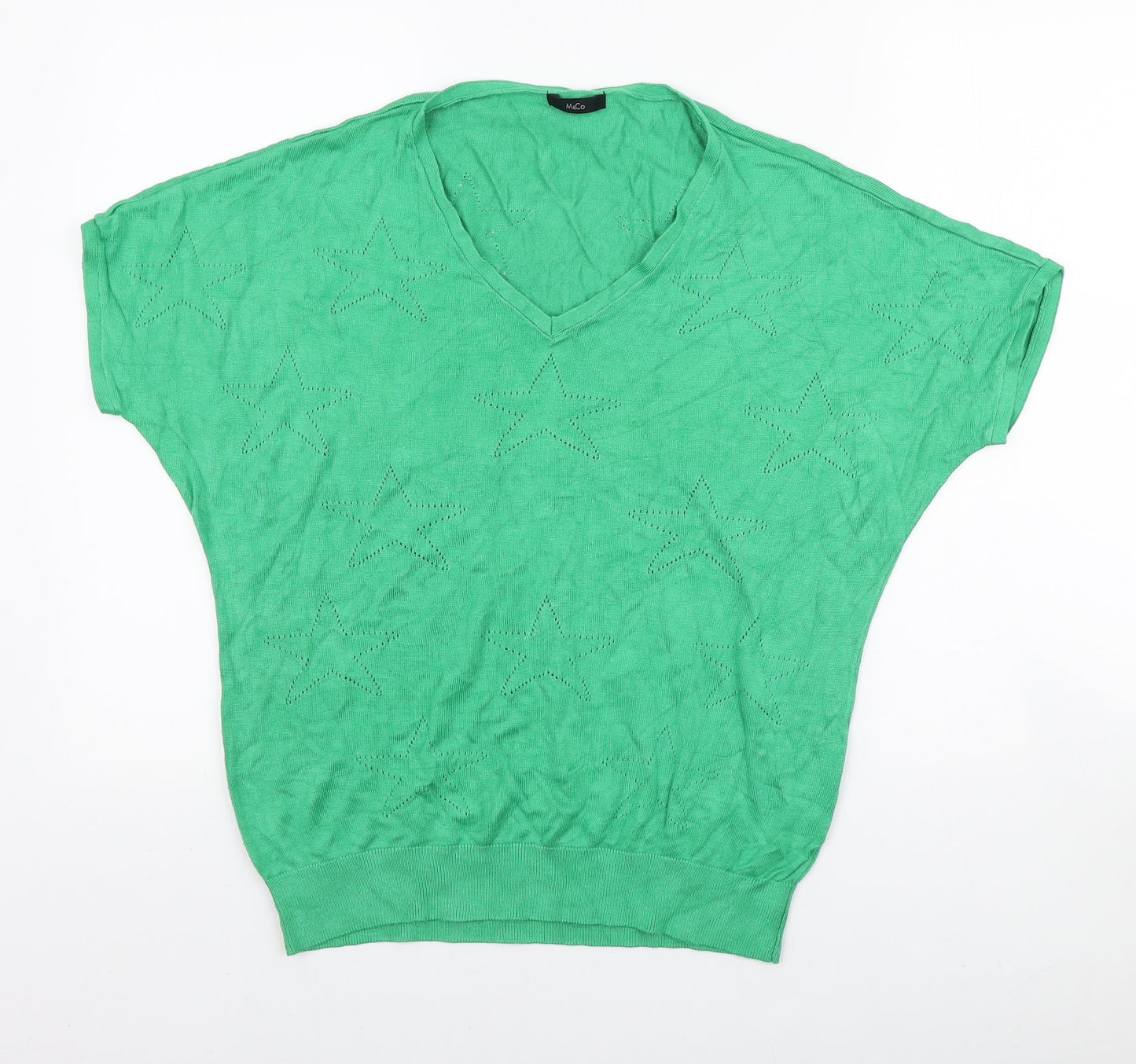 M&Co Womens Green V-Neck Geometric Viscose Pullover Jumper Size 10 - Star pattern