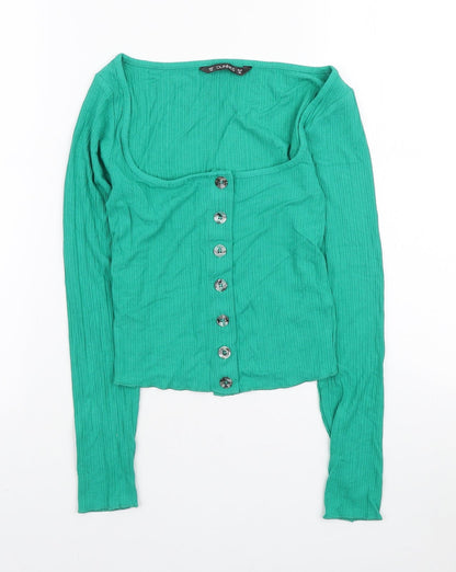 Dunnes Womens Green Polyester Cropped Button-Up Size XS Scoop Neck