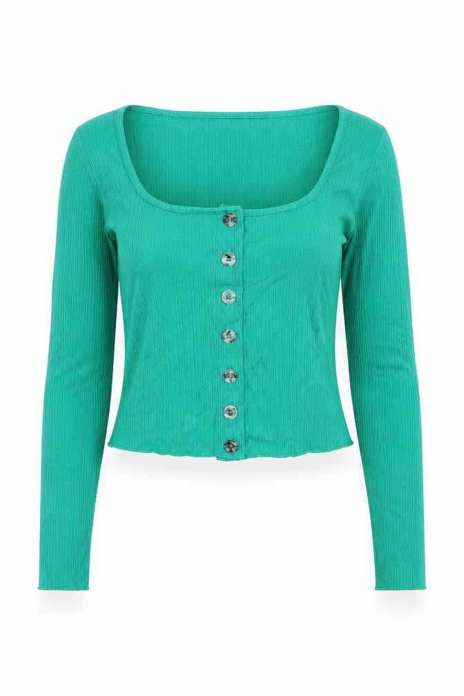 Dunnes Stores Womens Green Polyester Cropped Button-Up Size XS Scoop Neck