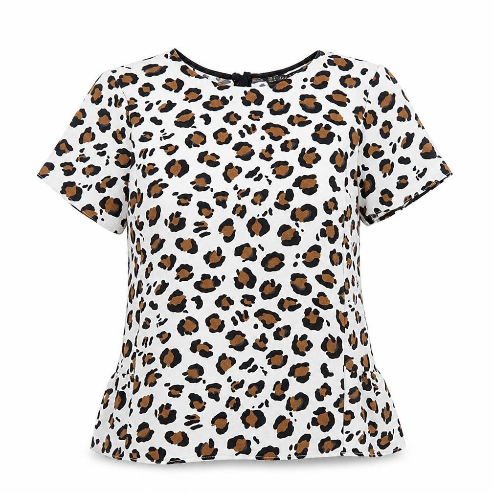 Zara Womens White Animal Print Polyester Basic T-Shirt Size M Round Neck