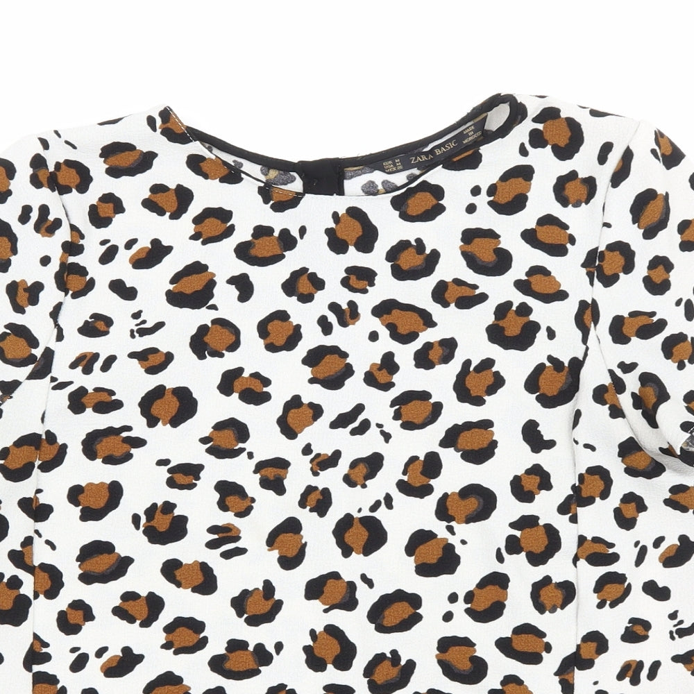 Zara Womens White Animal Print Polyester Basic T-Shirt Size M Round Neck