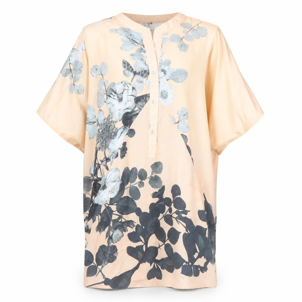 HD Womens Orange Floral Polyester T-Shirt Dress Size S V-Neck Button