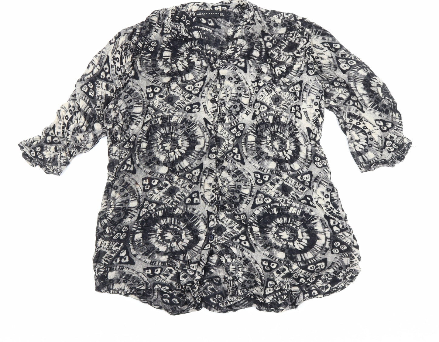 Zara Womens Black Geometric Viscose Basic Blouse Size L V-Neck