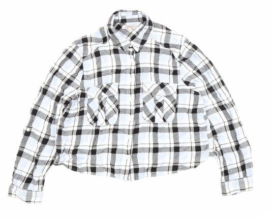 Marks and Spencer Womens Blue Plaid Cotton Cropped Button-Up Size 14 Collared