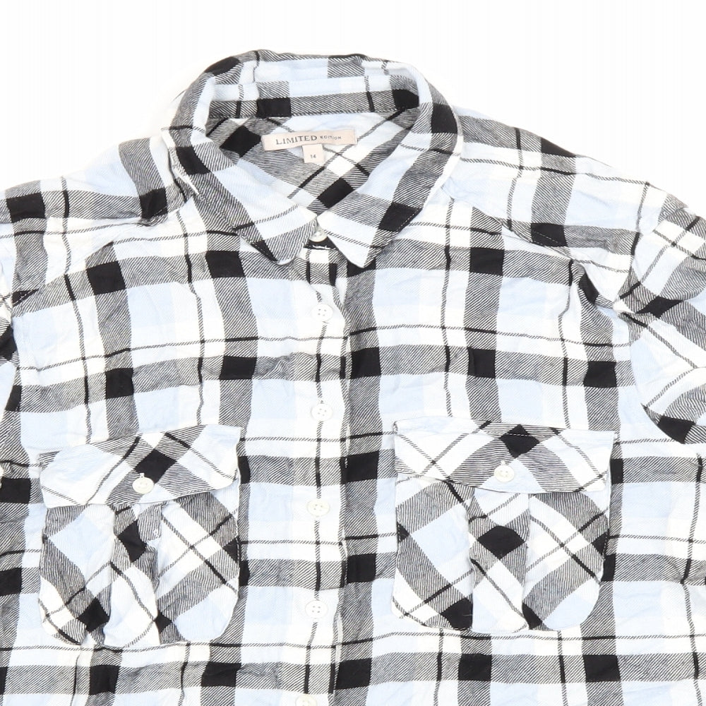 Marks and Spencer Womens Blue Plaid Cotton Cropped Button-Up Size 14 Collared