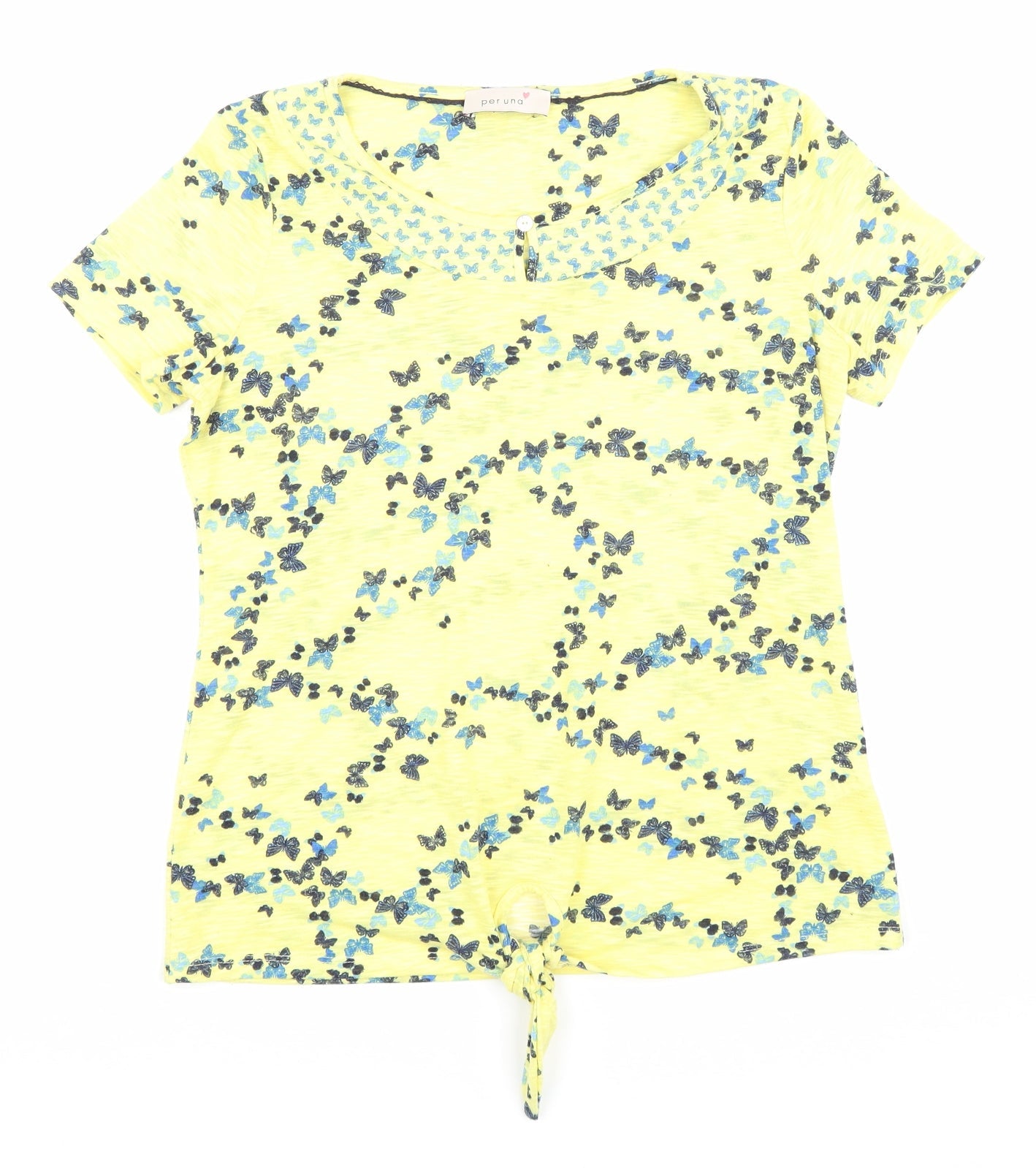 Marks and Spencer Womens Yellow Geometric Polyester Basic T-Shirt Size 8 Round Neck - Tie detail