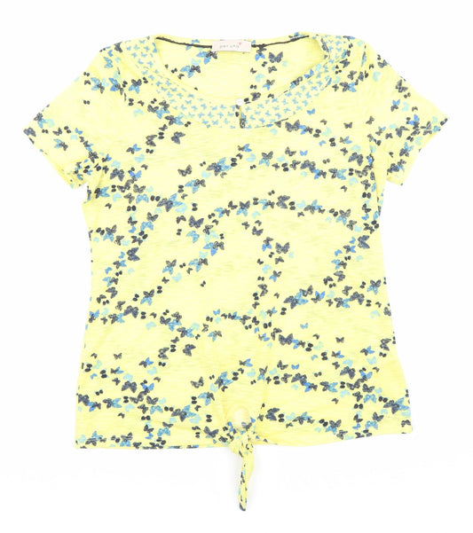 Marks and Spencer Womens Yellow Geometric Polyester Basic T-Shirt Size 8 Round Neck - Tie detail