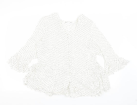 Preworn Womens White Polka Dot Viscose Basic Blouse Size 12 V-Neck