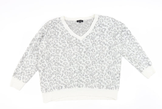 New Look Womens Grey V-Neck Animal Print Wool Pullover Jumper Size M - Leopard Print