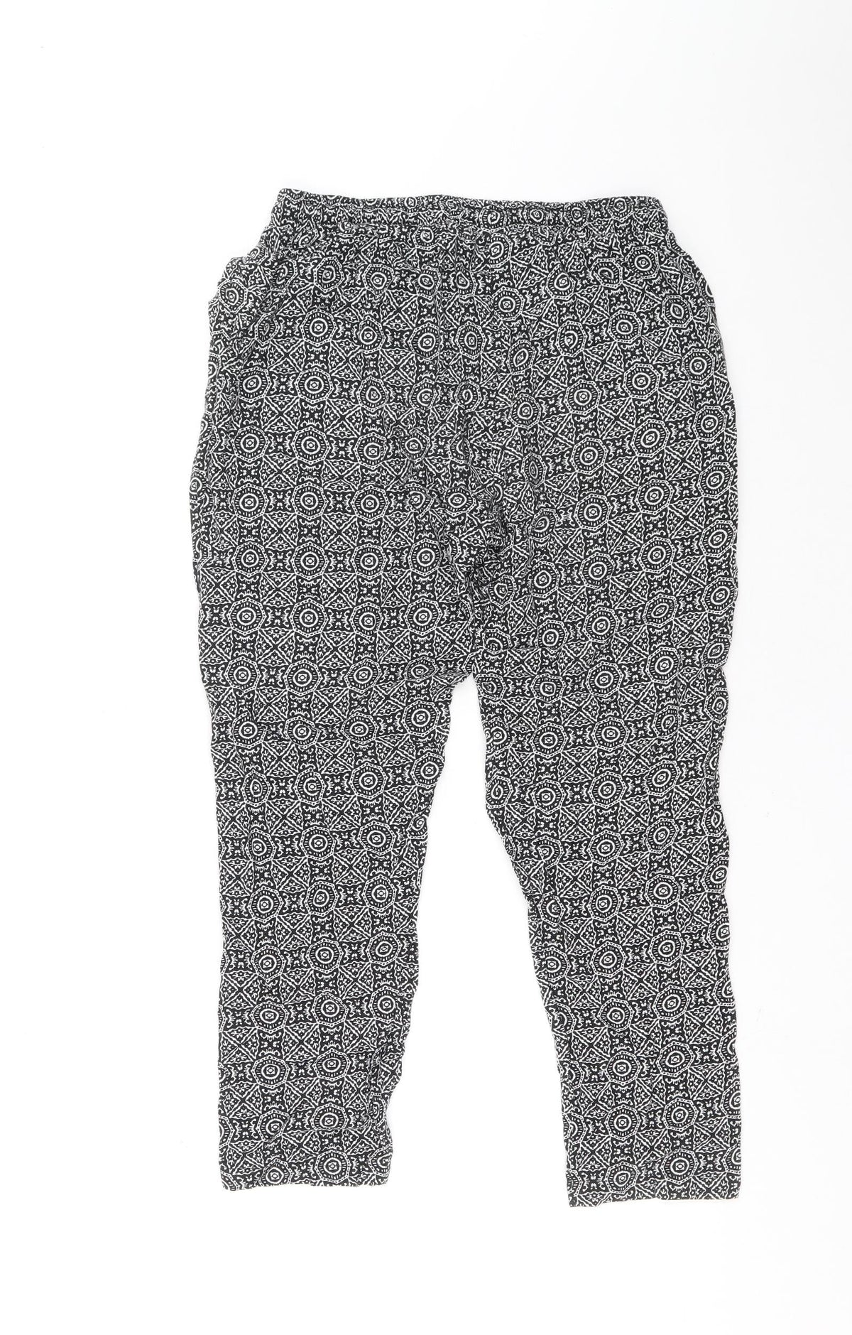 New Look Womens Black Geometric Viscose Bloomer Trousers Size 10 L25.5 in Regular Drawstring