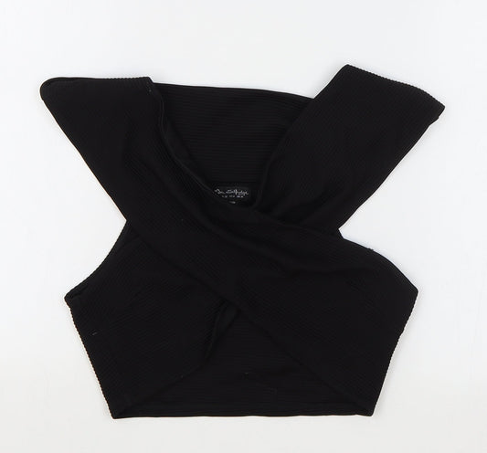 Miss Selfridge Womens Black Polyester Cropped T-Shirt Size 10 Off the Shoulder
