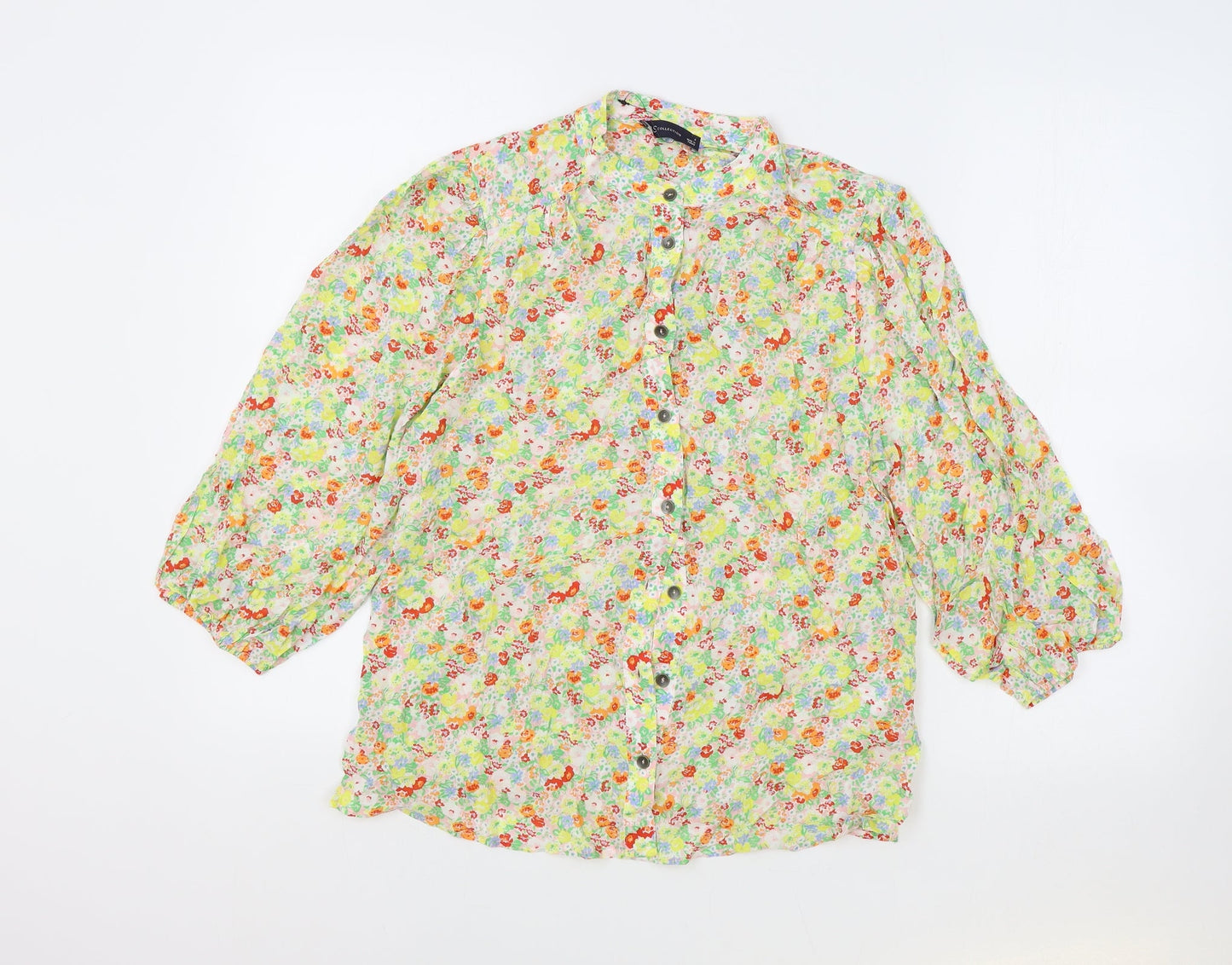 Marks and Spencer Womens Yellow Floral Viscose Basic Blouse Size 8 Collared