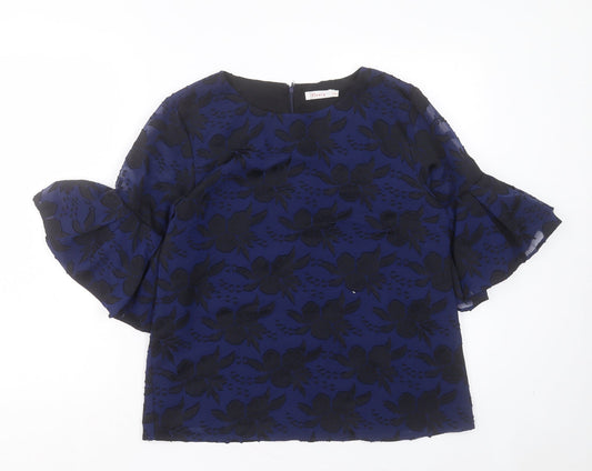 Finery Womens Blue Floral Polyester Basic Blouse Size 10 Crew Neck