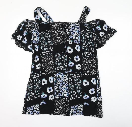 Dorothy Perkins Womens Black Floral Viscose Basic Blouse Size 10 Square Neck