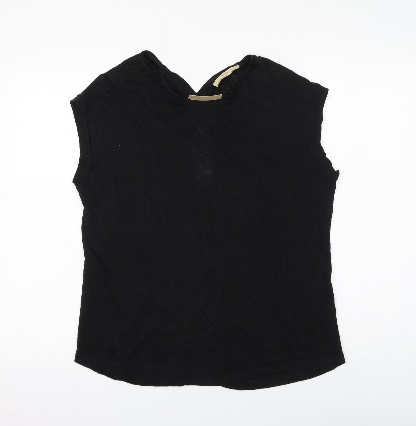 Zara Womens Black Polyester Basic Blouse Size M Round Neck - Cut Out Back