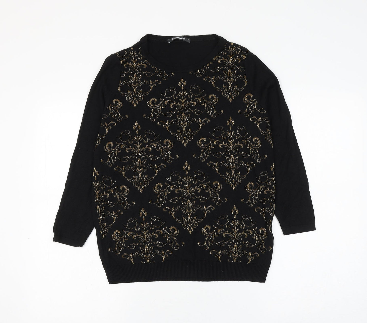 Bonmarché Womens Black Round Neck Geometric Viscose Pullover Jumper Size S