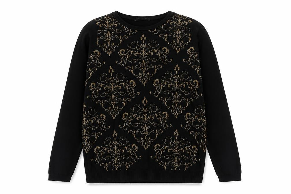 Bonmarché Womens Black Round Neck Geometric Viscose Pullover Jumper Size S
