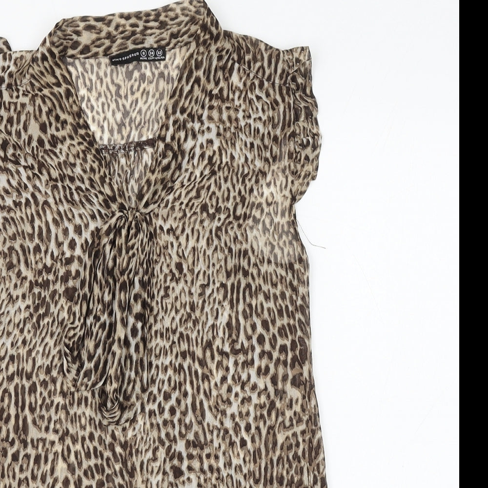 Atmosphere Womens Brown Animal Print Polyester Basic Blouse Size 6 V-Neck