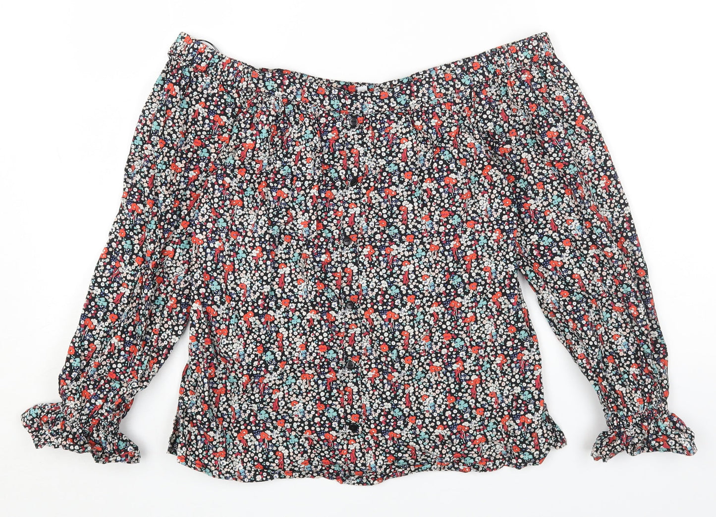 Red Herring Womens Multicoloured Floral Cotton Cropped T-Shirt Size 8 Off the Shoulder