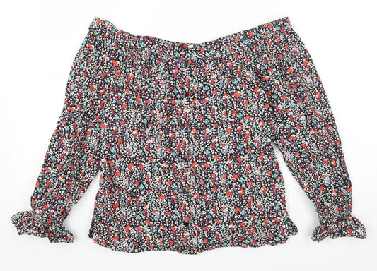 Red Herring Womens Multicoloured Floral Cotton Cropped T-Shirt Size 8 Off the Shoulder