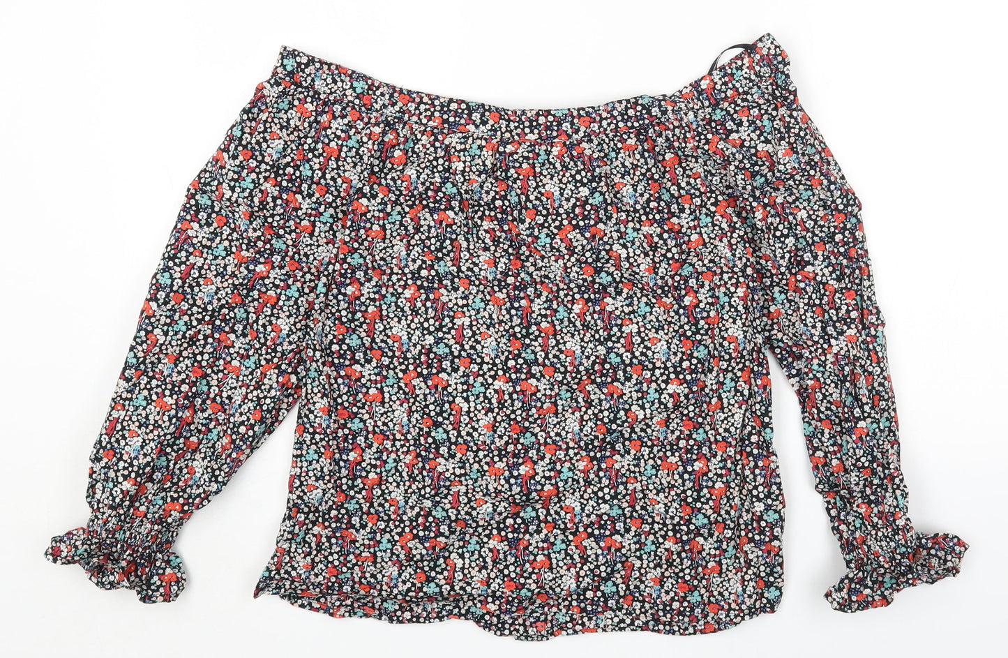 Red Herring Womens Multicoloured Floral Cotton Cropped T-Shirt Size 8 Off the Shoulder