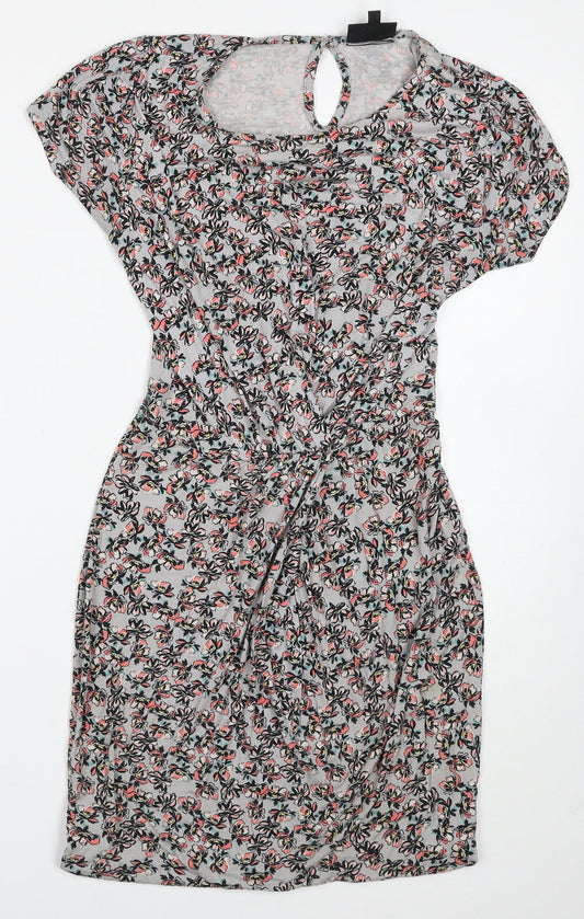 Warehouse Womens Grey Floral Viscose Bodycon Size 6 Scoop Neck Button
