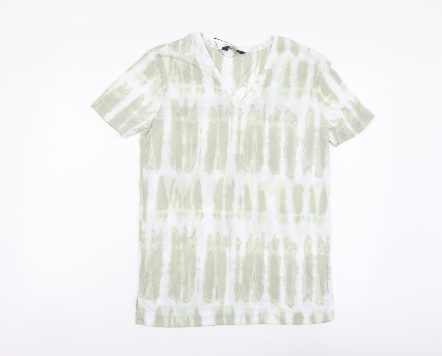 Marks and Spencer Womens Green Geometric Polyester Basic T-Shirt Size 6 V-Neck - Tie Dye