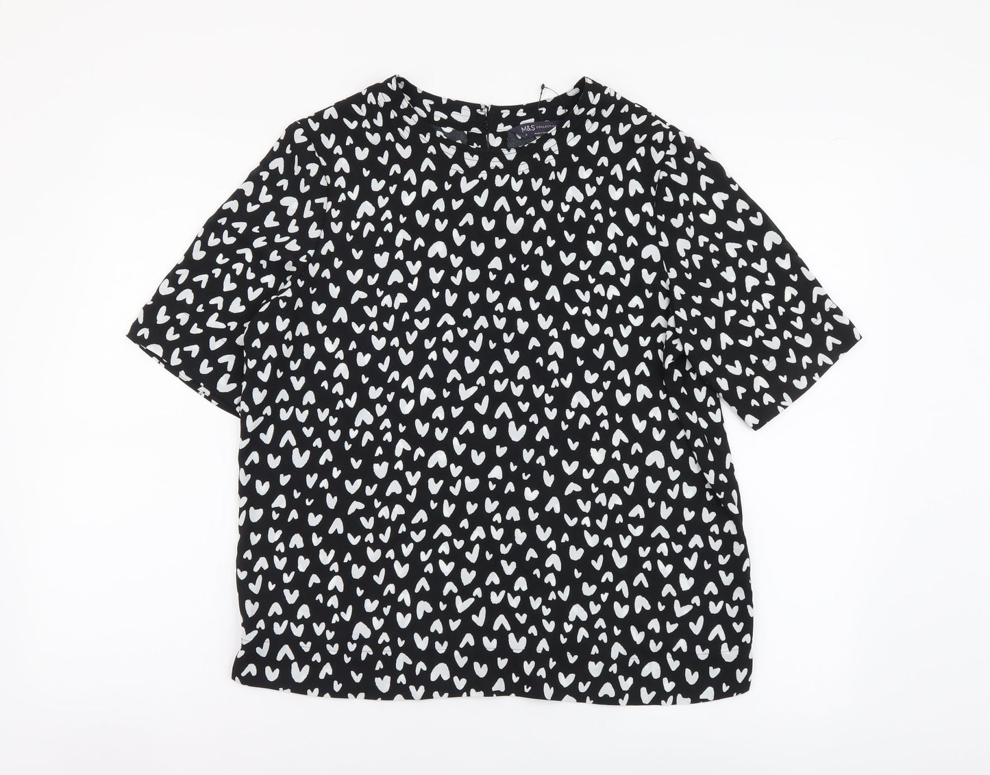 Marks and Spencer Womens Black Geometric Polyester Basic Blouse Size 10 Round Neck - Hearts pattern
