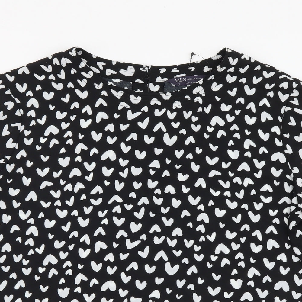 Marks and Spencer Womens Black Geometric Polyester Basic Blouse Size 10 Round Neck - Hearts pattern