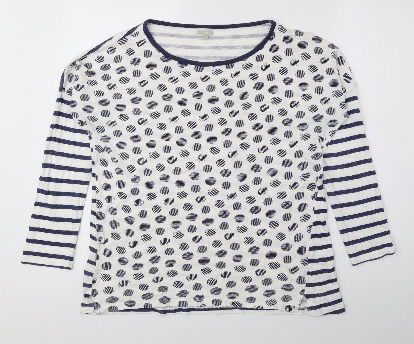 OVS Womens Blue Geometric Polyester Basic Button-Up Size M Round Neck