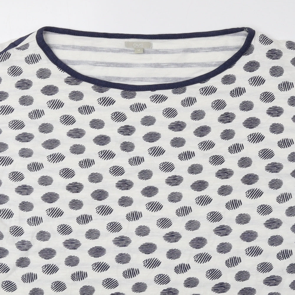 OVS Womens Blue Geometric Polyester Basic Button-Up Size M Round Neck