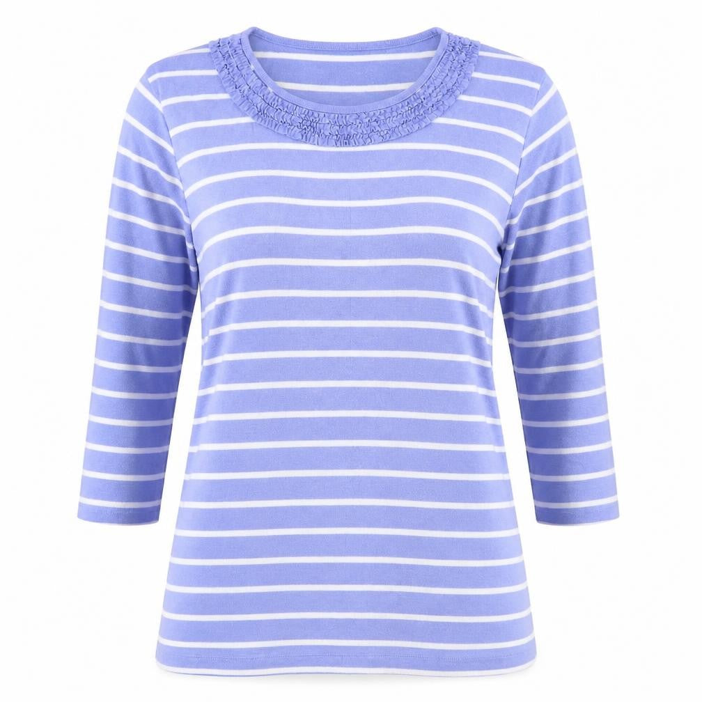 First Avenue Womens Blue Striped Polyester Basic Blouse Size M Round Neck